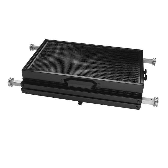 Automotive lift scissor platform tray with diamond-plate surface and guide pins on black background