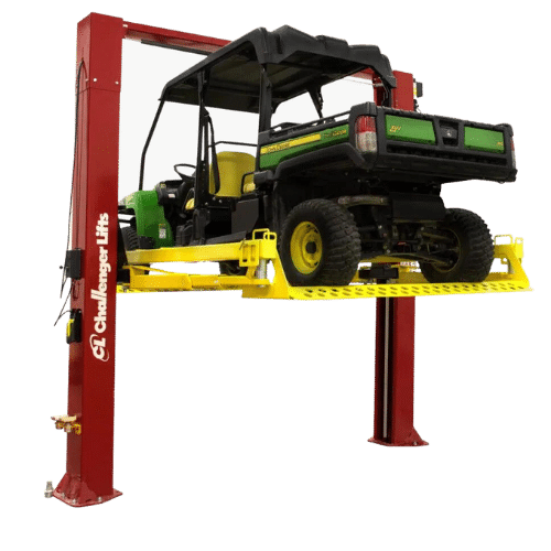 Challenger Lifts red 2-post lift raising a John Deere utility vehicle on white background