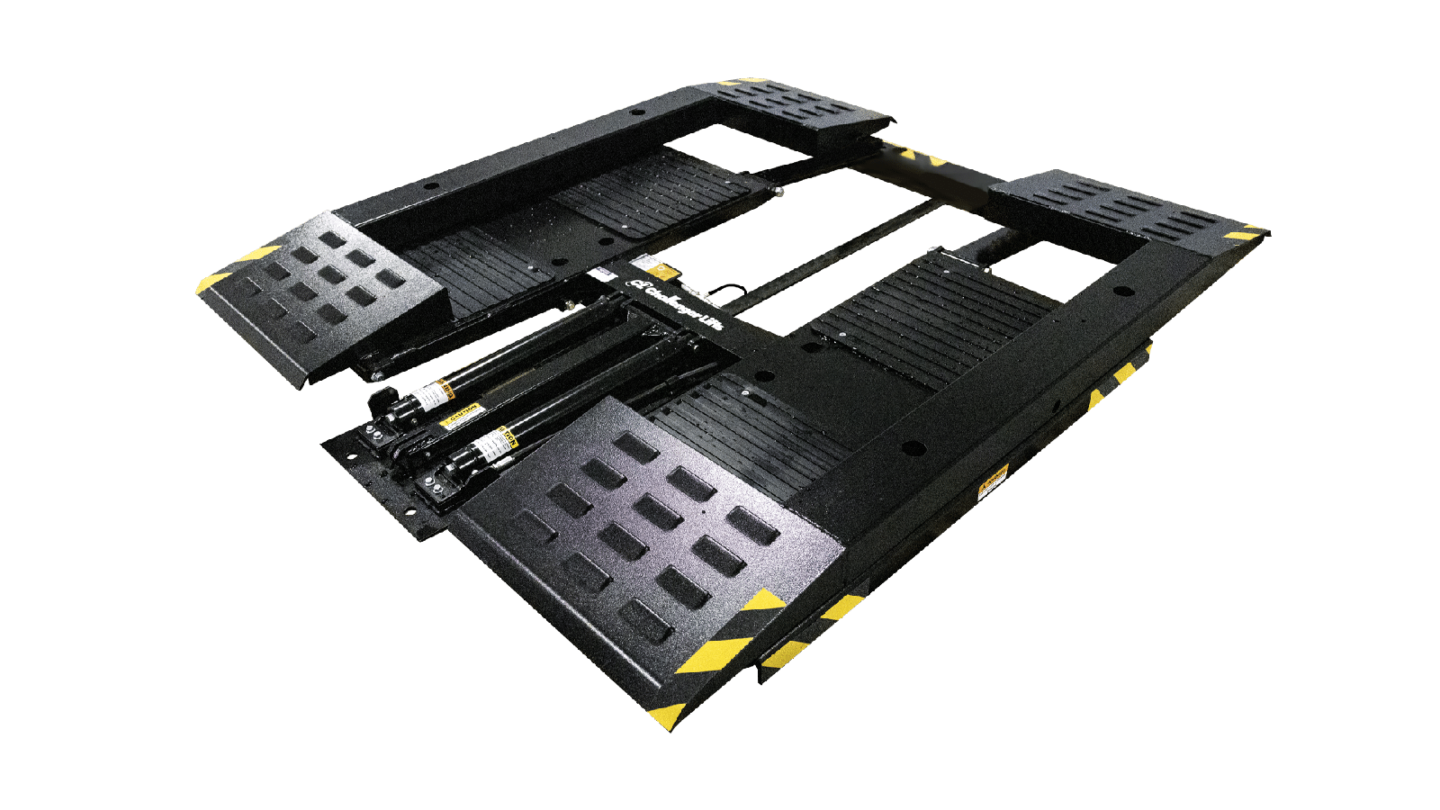 Challenger Lift low-rise scissor lift with hydraulic cylinders and yellow safety markings on transparent background