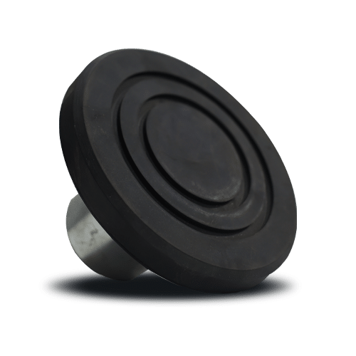 Rubber lift pad adapter for automotive lift arm — round concentric ring design with metal base