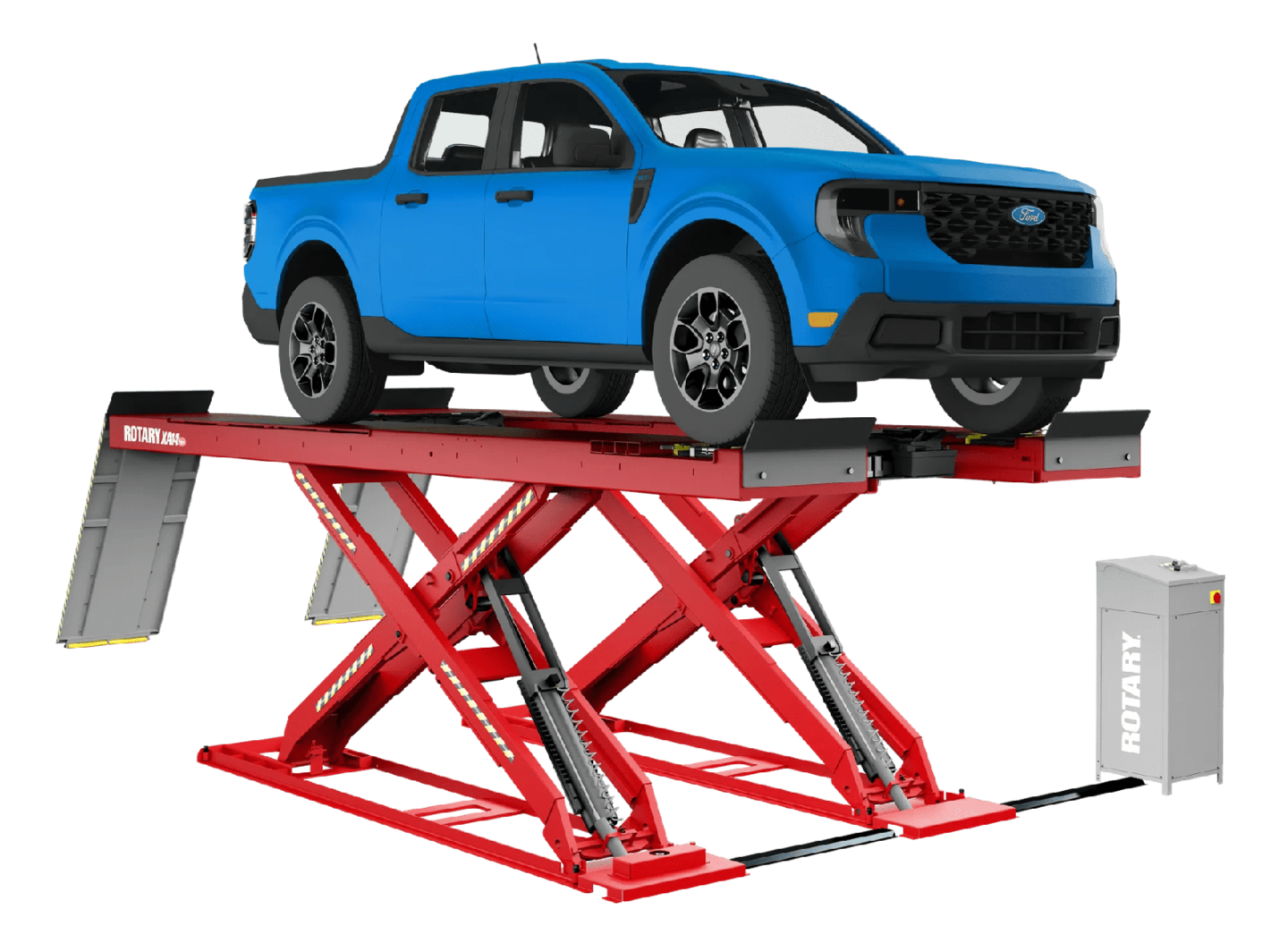 Rotary XA14 scissor lift raising a blue Ford Maverick truck — professional studio render