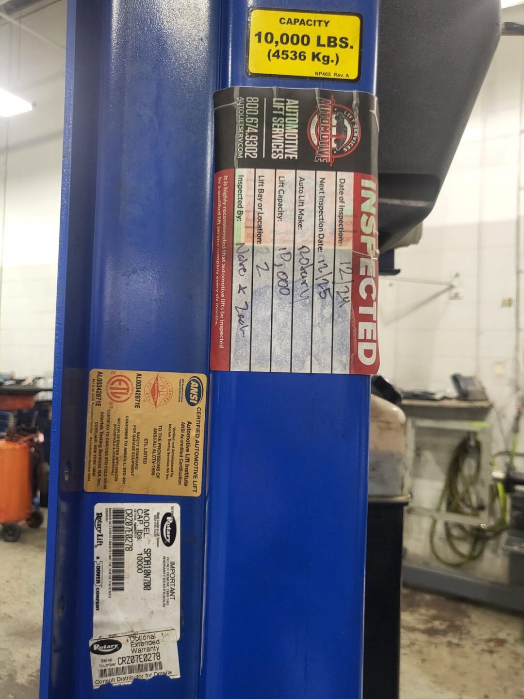 Automotive Lift Services inspection sticker on Rotary SPOA10N700 10000 lb 2-post lift
