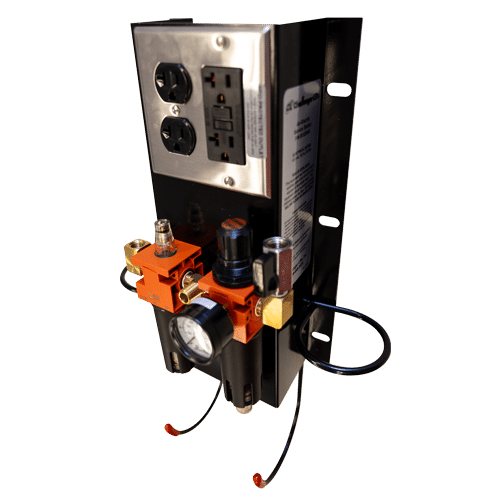 Automotive lift power unit with air regulator, filter, pressure gauge, and electrical outlets on mounting panel
