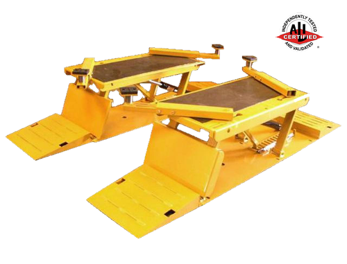 Yellow mid-rise scissor lift with drive-on ramps, independently tested and ALI certified