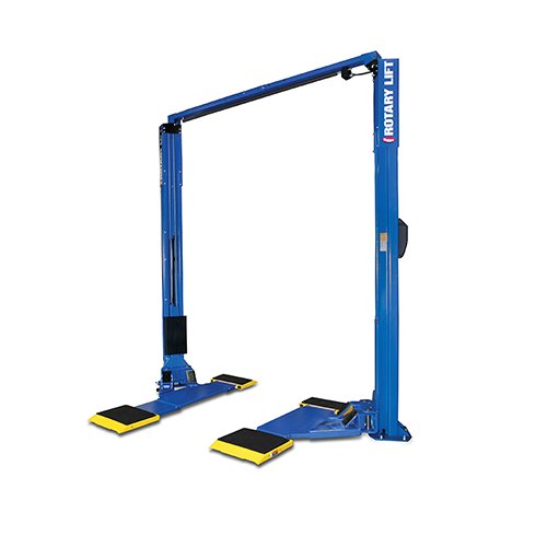Rotary Lift blue 2-post automotive lift with yellow swing arms on white background