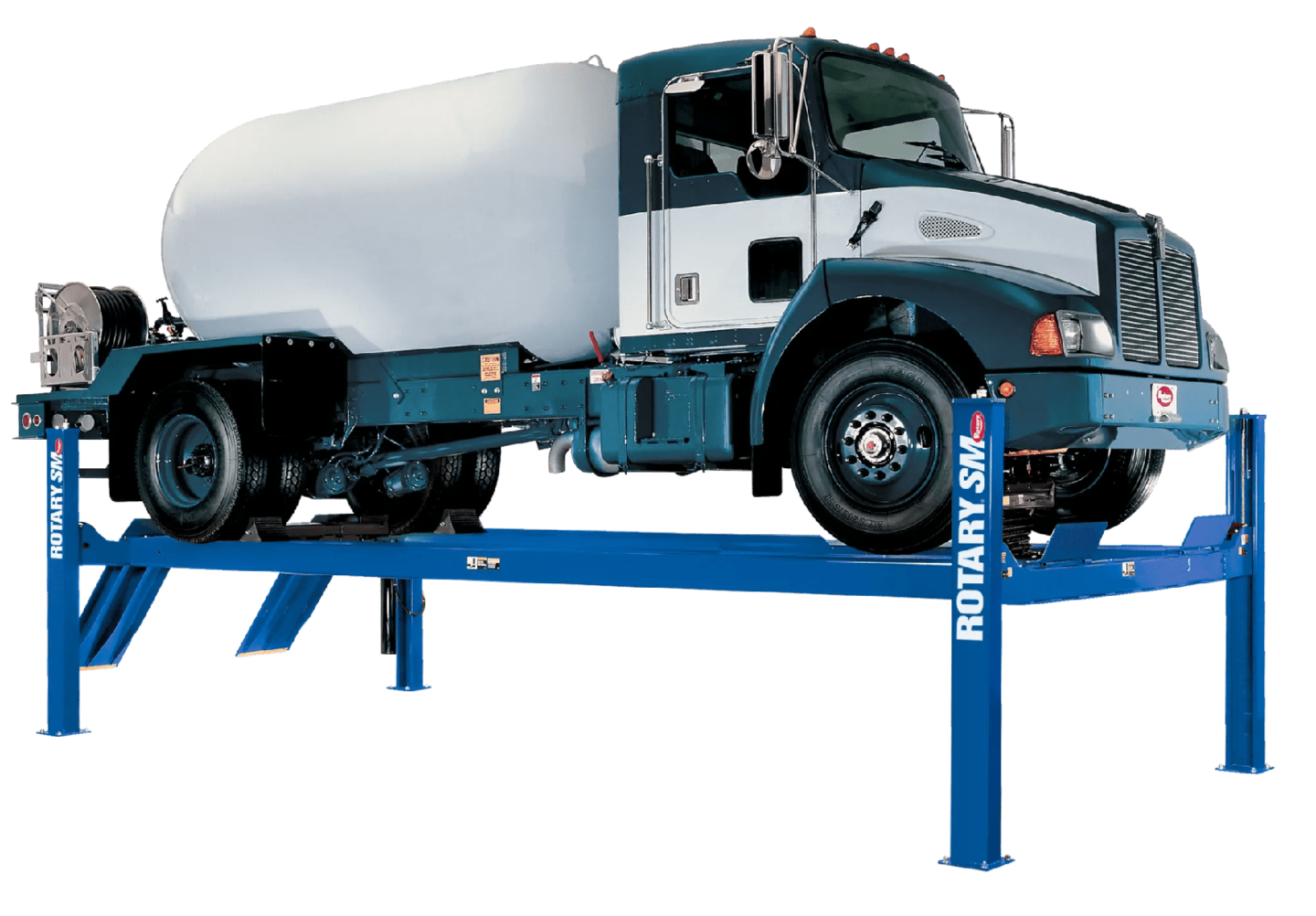 Rotary SM 4-post heavy duty truck lift raising a commercial water truck on white background