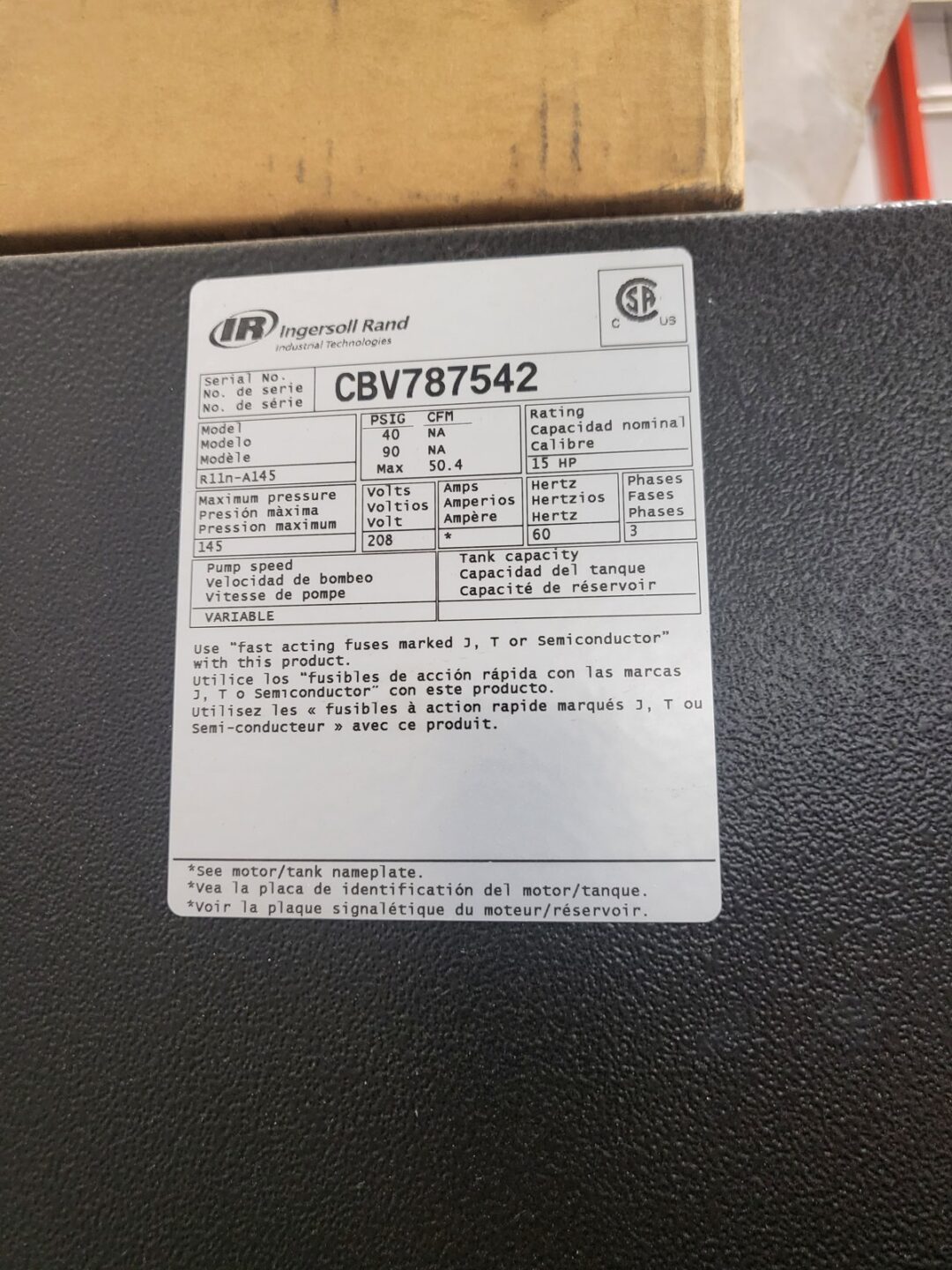 Ingersoll Rand CBV787542 compressor unit nameplate showing 15HP, 208V, 3-phase specs