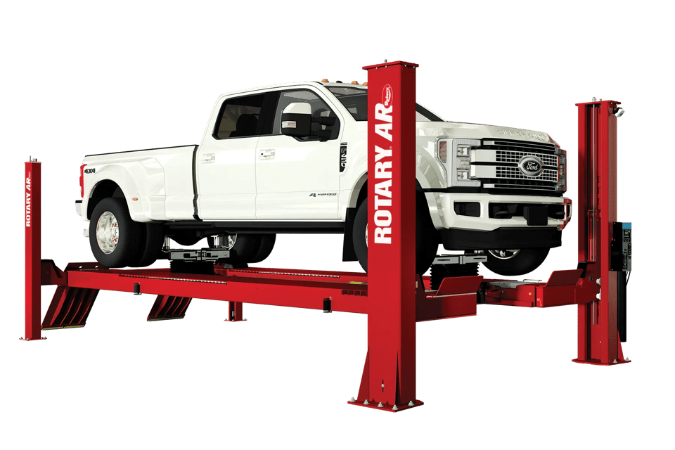 Rotary AR 4-post automotive lift holding a white Ford F-250 Super Duty truck in a studio setting