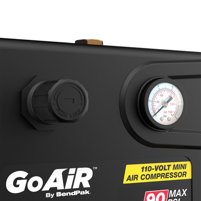 GoAir by BendPak 110-volt mini air compressor closeup showing PSI gauge and push-lock fitting