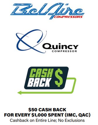 BelAire and Quincy Compressor $50 cash back for every $1,000 spent promotional offer
