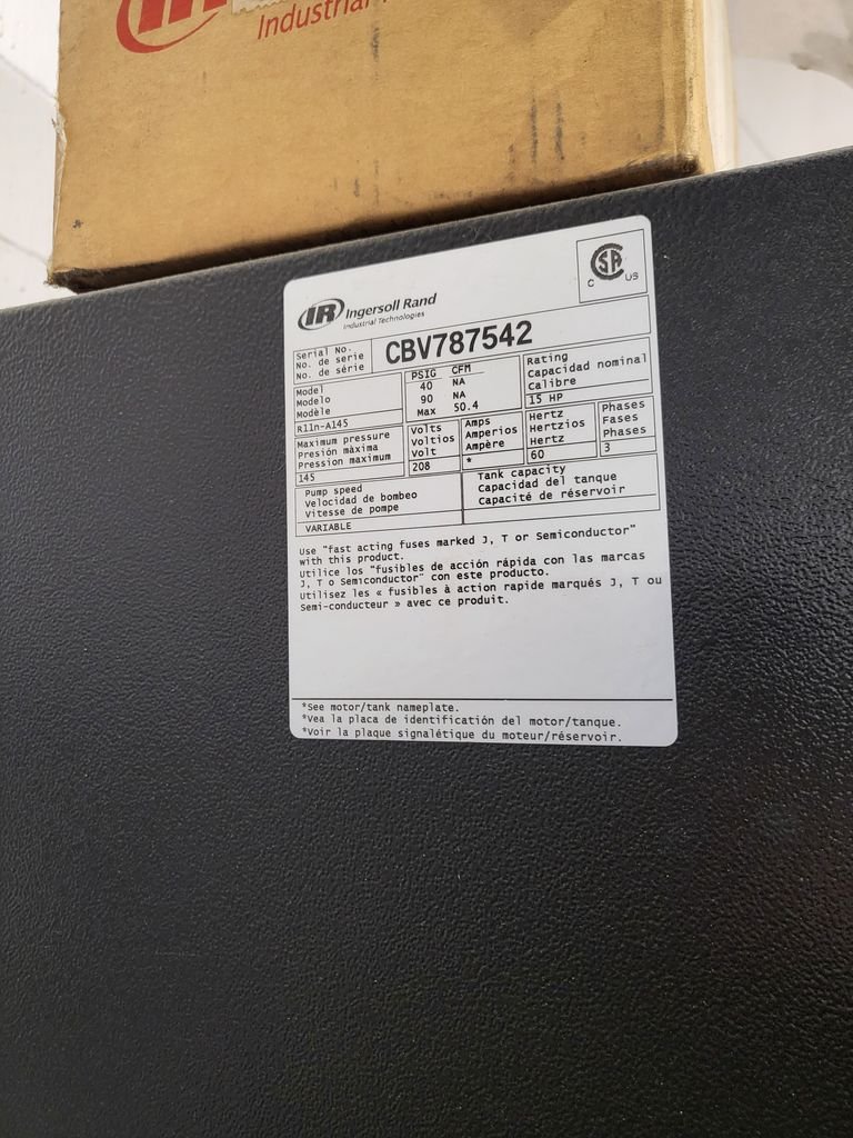 Ingersoll Rand industrial air compressor nameplate model R1ln-A14S serial CBV787542 15HP 208V 3-phase