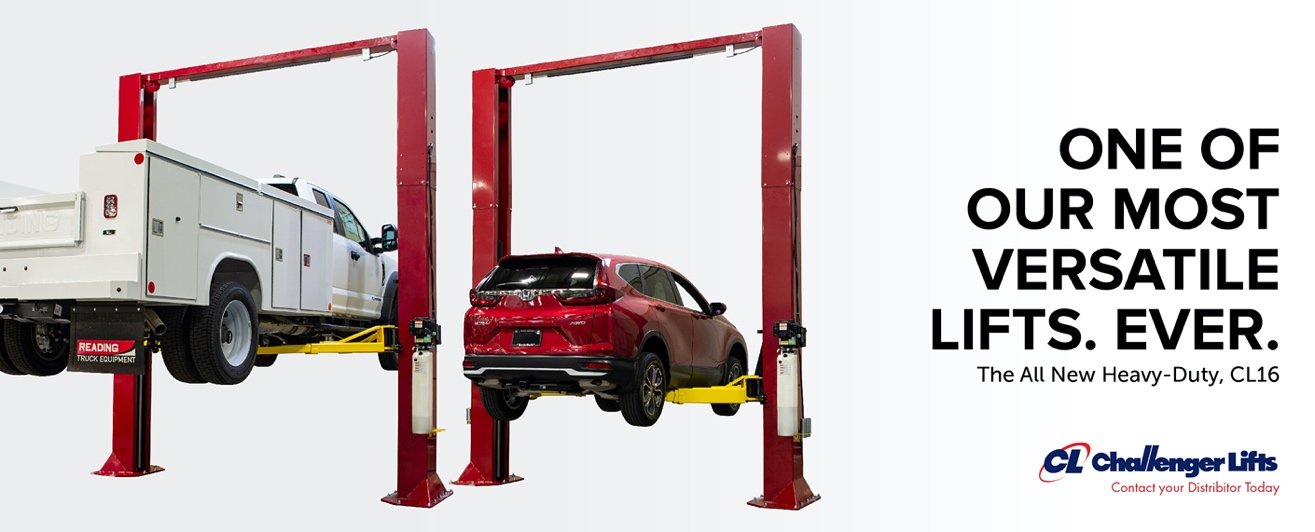 Challenger Lifts CL16 heavy-duty 2-post lift raising a truck and SUV — versatile automotive lift