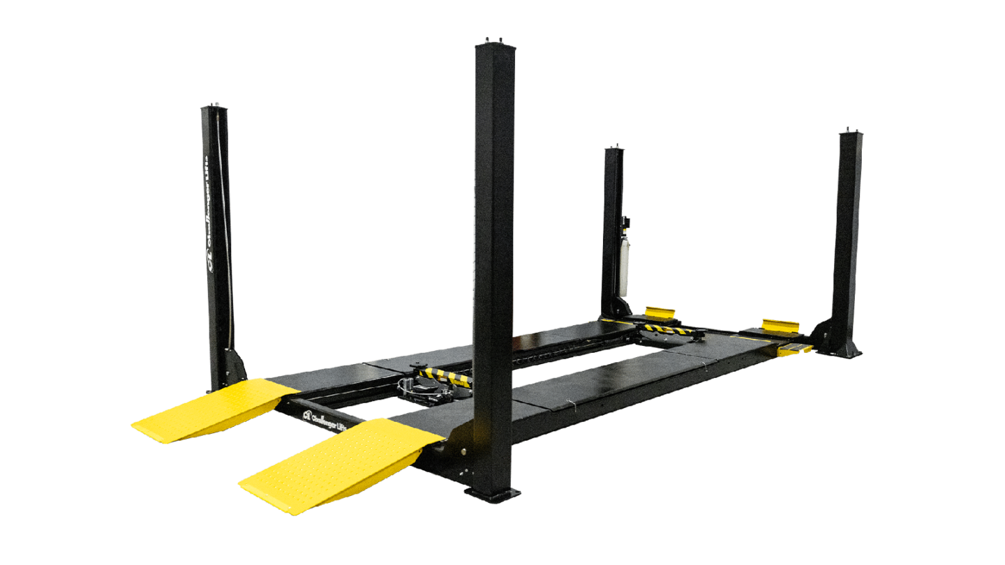Challenger Lifts 4-post automotive lift with yellow drive-up ramps on white background