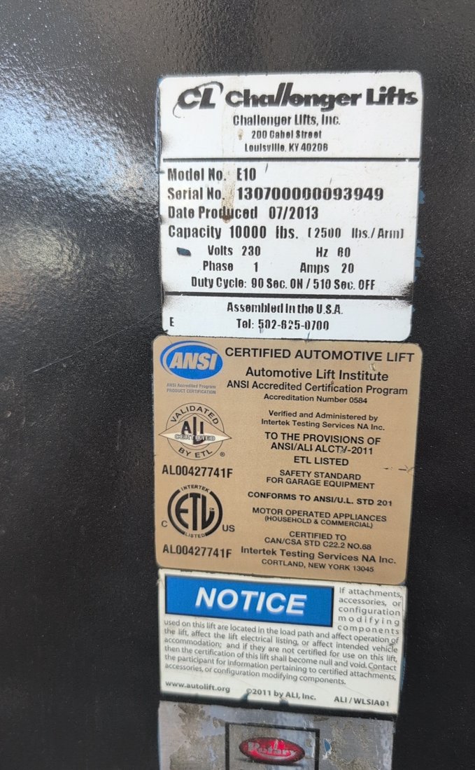 Car lift model number on a Challenger data plate