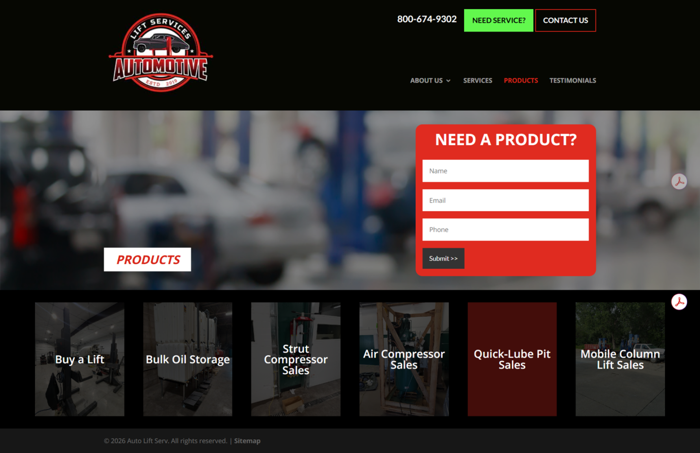 Auto Lift Services products page featuring lifts, bulk oil storage, compressors, and mobile column lift sales